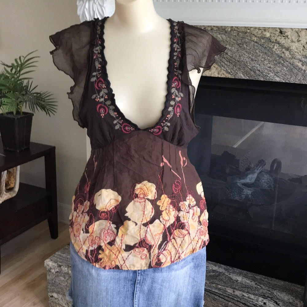 Free people short sleeve embroidered blouse brown